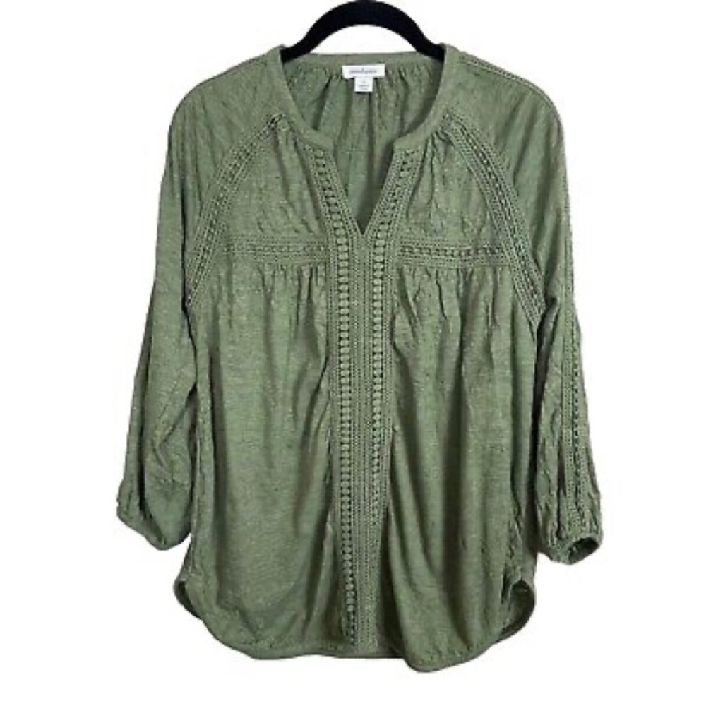 Sundance olive green eyelet trim boho loose blouse